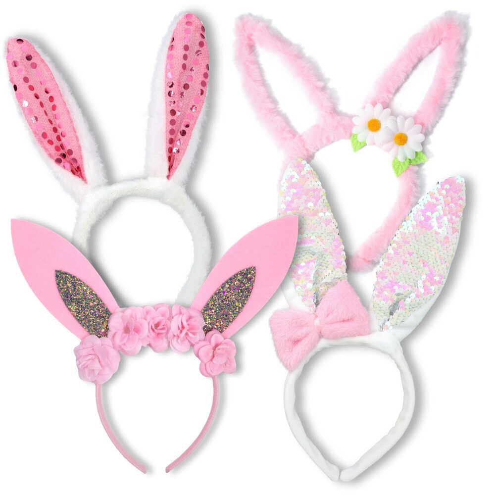 6077 Easter Bunny Ear Headbands Cute and Fuzzy Pink Ears with Flowers